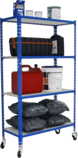 Simon Rack Schwerlastregal mit Rollen, 1575 x 800 x 300 mm, Bis 75 kg Belastbar, 4 Verstellbare Ablagen, MDF-Platten, Kellerregal, Lagerregal, Blau/Holz - Maderclick