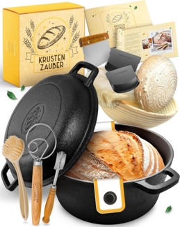 KRUSTENZAUBER Gusseisen Topf Brot Backen im XXL Set - Brotbackform mit Deckel inkl. Gärkorb, Schneebesen, Bäckermesser, Teigschaber, Brotschlinge und mehr - Perfektes Brotbacktopf Set für Anfänger
