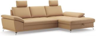 Cavadore Ecksofa Castiel mit Federkern / Eckcouch mit XL-Longchair, Bett, Bettkasten, Sitztiefenverstellung, Kopfstützen und mattschwarzen Metallfüßen / 301x89-114x176 / Echtleder, Beige