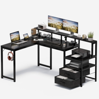Devoko Eckschreibtisch 168×120cm, L-Schreibtisch mit Stauraum, Eckschreibtisch Schublade mit Steckdose und USB-Ladeport, Computertisch mit Monitorhalterung und Regalen, Schwarz