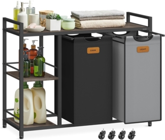 VASAGLE Wäschekorb 2 Fächer, Wäschesammler 100 L, Wäschesortierer, Rollen, Wäschewagen mit Ablagen, Wäschesack, mit abnehmbaren Taschen, 6 Etiketten, kastanienbraun-tintenschwarz-taubengrau