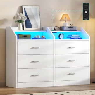 YITAHOME Kommode Weiß, Kommode Schlafzimmer Mit LED, Komode mit 6 Schubladen und mit Einer Steckdose, Sideboard mit offenem Regal 40D x 124.5W x 90H cm