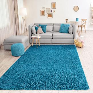 VIMODA Teppich Prime Shaggy Hochflor Langflor Einfarbig Modern Türkis für Wohnzimmer, Schlafzimmer, küche, Maße:Ø 160 cm Rund