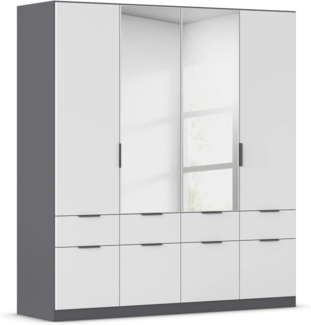 Rauch Möbel Dundee, Kleiderschrank, Schrank, Garderobe, Organizer, 4-türig, Spiegel, 8 Schubladen für mehr Stauraum, Farbe Weiß/Grau metallic, Schwarz, Kurze Griffleiste Grau metallic, 181 x 197 x 54 cm