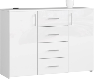 AKORD Kommode K45 mit 4 Schubladen und 2 Ablagefächern mit Türen | für das Wohnzimmer Schlafzimmer Schrank Büro Arbeitszimmer | B110 x H80 x T35 cm, Gewicht 43kg | Weiß/Weiß Glänzend