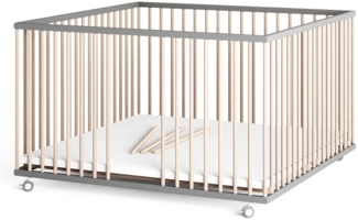 Sämann Laufstall Baby XXL 120x120 cm mit 3 Schlupfsprossen und Matratze | TÜV geprüft 2024 | stufenlos höhenverstellbar | Laufgitter Premium | Babybett aus Holz | Krabbelgitter grau/natur