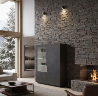 Dmora Moderne Vitrine mit Glastür, Made in Italy, mit weißem LED-Licht, Sideboard mit Regalen, Wohnzimmervitrine, 120x43h146 cm, Farbe Schiefergrau