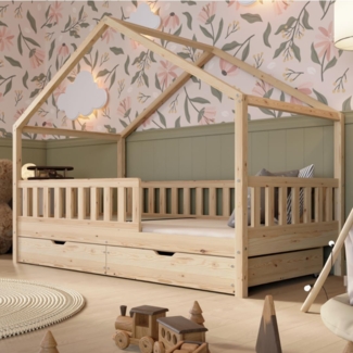 Crazy Pine Hausbett mit Schubladen 200x140 cm – Kinderbett aus Naturholz mit Rausfallschutz – Montessori Bodenbett mit zusätzlichen Stauraum und und Abnehmbarer Barriere - Crazy House