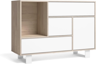 Skraut Home - Anrichte für Esszimmer, Anrichte Wind, 1 Tür, 3 Schubladen, Struktur in Eiche, Tür und Schubladen, Farbe: Weiß, 120 x 40 x 86 cm.