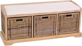 Sitzbank Bienne, Aufbewahrungsbox, 3 Körbe, Kubu-Rattan-Geflecht, 112x46x37cm ~ hell