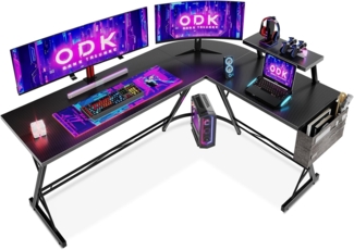 ODK Gaming Tisch, Computertisch, Gaming Schreibtisch mit runder Ecke, Gaming-Tisch mit Monitorablage (Kohlefaser Schwarz, 167x120 cm)