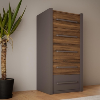 FORTE PEMBURY Hohe Kommode 55, Kommode mit 5 Schubladen, Holzwerkstoff, Schlammeiche/Dunkelgrau, 52,6 cm breit x 119,7 cm hoch x 42 cm tief