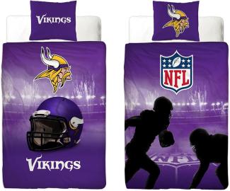 BERONAGE Wendebettwäsche NFL American Football Bettwäsche Minnesota Vikings Linon / Renforcé, 100% Baumwolle, 2 teilig, 135x200 + 80x80 cm