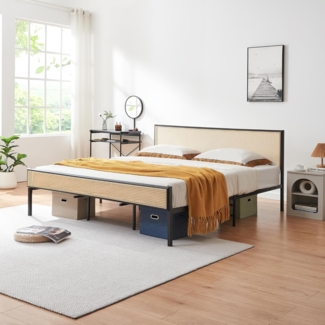 Metallbett Linköping mit rechteckigem Kopfteil 180x200 cm Schwarz/Rattanoptik [en. casa]