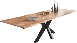 SAM Baumkantentisch 200 (300) x 100 cm Spencer, Akazienholz naturfarben & massiv, Esszimmertisch mit 2 Ansteckplatten, Mattschwarzes Spider-Metallgestell, Platte 35mm
