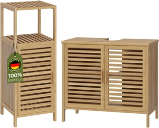 Bellamio 'Newa' Badezimmer Set aus Waschbeckenunterschrank und Badschrank mit 3 Ablagefächern, Bambus, natur
