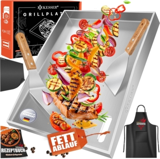 KESSER® Grillplatte Plancha Edelstahl | Grill Platte 40x30x4cm Gas & Holzkohlegrill mit Fettablauf & Anti-Stick | hitzebeständig bis 800°C, Spülmaschinenfest inkl. 2 Spatel, Grillschürze & Grillmatte Weiß, Plancha