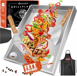KESSER® Grillplatte Plancha Edelstahl | Grill Platte 40x30x4cm Gas & Holzkohlegrill mit Fettablauf & Anti-Stick | hitzebeständig bis 800°C, Spülmaschinenfest inkl. 2 Spatel, Grillschürze & Grillmatte Weiß, Plancha
