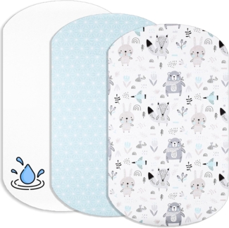 Lovely Hippo 2X Spannbettlaken 100% Baumwolle + 1X Matratzenschoner 100% wasserdichtem Material - Set 3X Kompatibel mit Iora (Blaue Tiere, 60x80 cm)