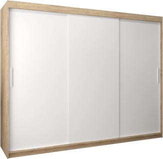 Schwebetürenschrank Tokyo 250 cm Kleiderschrank mit Kleiderstange und Einlegeboden Schlafzimmer- Wohnzimmerschrank Schiebetüren Modern Design (Sonoma + Weiß)