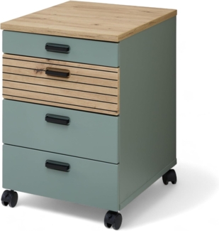 Stella Trading Glenn Rollcontainer Schreibtisch in Schilfgrün, Artisan Eiche Optik - Mobiler Büroschrank mit Schubladen - 45 x 66 x 55 cm (B/H/T)
