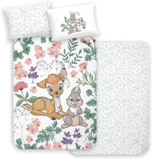 MTOnlinehandel Babybettwäsche Bambi Flower 100x135 + 40x60 cm in Renforcé • Disney, 100% Baumwolle, 2 teilig, Wende-Motiv mit Reh und Hase • Blumen • Blüten • Blätter