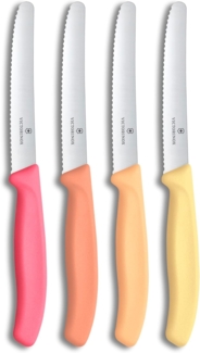 Victorinox Swiss Classic Frühstücksmesser, Brötchenmesser, Set 4teilig, Scharfe Klinge, Wellenschliff, 11 cm, Rostfreier Stahl, Pink, Orange und Gelb