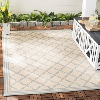 SAFAVIEH Geometrisch Teppich für Wohnzimmer, Esszimmer, Schlafzimmer - Beachhouse Collection, Kurzer Flor, Creme und Aqua, 160 X 229 cm