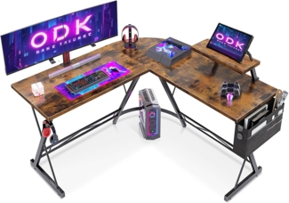 ODK L-förmiger Schreibtisch, Computertisch, Bürotisch mit runder Ecke, Gaming-Tisch mit Monitorablage, 127x127 cm, Weinlese