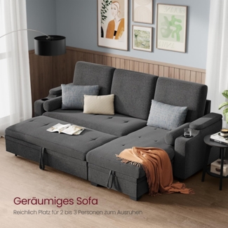 Vasagle Sofa L Form, Schlafsofa, Couch mit Stauraum, Schlaffunktion, Bettsofa mit Getränkehalter, modern, für Wohnzimmer, Schlafzimmer, Dunkelgrau