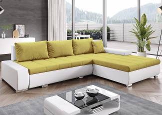 FURNIX Ecksofa Tommaso mit Schlaffunktion und Bettkasten - Couch Sofa mit Kissen - L-Form Sofa, Stellfüße in Chromoptik - B297 x T210 x H85 cm, Liegefläche 255 x 150 cm - MA120-CO120 (gelb/weiß)