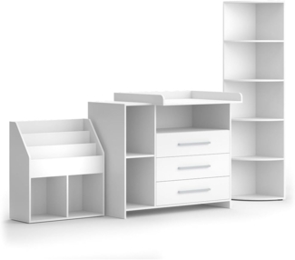 Vicco Kinderzimmer-Set Oskar, Weiß, 3 Teile, mit Wickelkommode, Spielzeugregal und Bücherregal