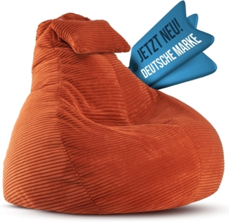 LazyCloud Sitzsack für Erwachsene mit integrierter [Nackenstütze] Cord | XXL Indoor Bean Bag mit Füllung | perfekt als Chill-, Lese- oder Gaming Sessel (90 x 80 x 70 cm) (Korallrot)