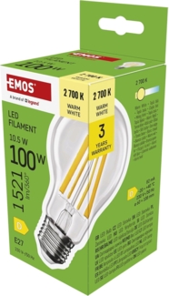 EMOS LED Lampe Edison A60, 10,5W Ersatz für 100W Glühbirne, Vintage-Glühlampe mit E27 Sockel und Helligkeit 1521 lm, Warmweiß 2700 K, 25000 Stunden Lebensdauer, CRI > 80, 360° Abstrahlwinkel