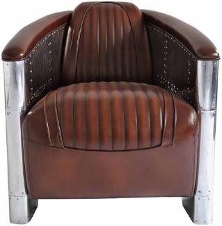 Casa Padrino Luxus Art Deco Echtleder Sessel Dunkelbraun / Silber 90 x 72 x H. 68 cm - Aluminium Sessel mit hochwertigem Leder - Lounge Sessel - Aluminium Flugzeug Flieger Sessel Möbel