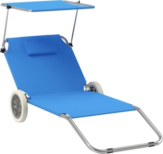 Outsunny Gartenliege mit Kopfkissen, Dach, Rolle, verstellbare Rückenlehne, klappbar Liegestuhl, 2 St, 2er Set Sonnenliege, bis 120 kg belastbar, für Garten Pool, Blau