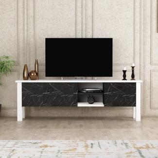 Hanah Home Stylish TV Stand with Additional Storage, White & Black, 140 x 44.8 x 35 cm | 100% Melamine Coated Particle Board | Multiple Shelves for Modern Living Rooms