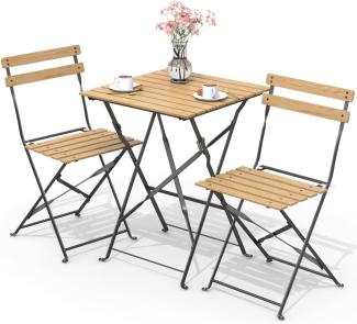 VOUNOT Bistroset 3-teilig, Klappbar Bistrotisch mit 2 Stühlen, Gartenmöbel Set Balkonset Gartengarnitur, Sitzgruppe Metall, Bistro Set Outdoor, Holz