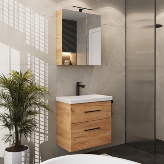 Planetmöbel Waschtischunterschrank 64cm mit Spiegelschrank Badmöbel Set für Badezimmer Gäste WC Gold Eiche