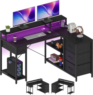 YITAHOME L Form Schreibtisch mit USB Ladeanschluss und Steckdose,Reversible Eckschreibtisch mit 4 Schubladen und Regal,Gaming Schreibtische mit Monitorständer,140x100 cm Computertisch für Büro,schwarz