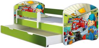 ACMA Kinderbett Jugendbett mit Einer Schublade und Matratze Grün mit Rausfallschutz Lattenrost II 140x70 160x80 180x80 (45 Mechaniker, 140x70 + Bettkasten)