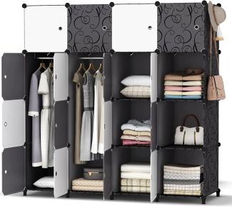 HOMIDEC Kleiderschrank, Tragbarer Regalsystem, 16 Würfel Schrank aus Kunststoff mit 3 Kleiderstange, Schlafzimmerschrank kleiderschrank Weiss für Schlafzimmer, 146 x 142 x 46cm