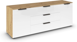Rauch Möbel Flipp, Sideboard, TV-Schrank, Kommode mit Stauraum, Eiche Artisan-Glasfront Weiß, Holz, 2-türig, Glastüren, 3 Schubladen, Griffe Graphit, 160 x 61 x 42 cm