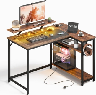 Mondeer L-förmiger Schreibtisch mit LED, 120x90 cm Reversibel Gaming Tisch mit 2 Steckdosen und 2 USB Ladeanschluss, Eckschreibtisch mit Regal & Haken, für Home Office Schlafzimmer, Vintage Braun