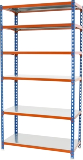 Simon Rack Schwerlastregal, 2500 x 1200 x 500 mm, Bis 200 kg Belastbar, 6 Verstellbare Ablagen, Kellerregal, Lagerregal, Blau/Orange/Verzinkt - Simonclick
