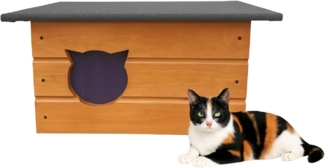 QLS Katzenhaus Isoliert aus Holz 60x40x40 cm, Outdoor Draußen Winterfest mit Vorhang, Teak
