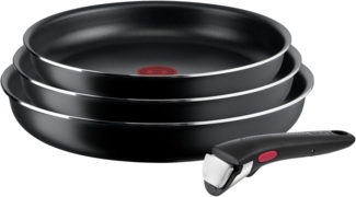 Tefal Ingenio Easy On 4-tlg. Kochgeschirr-Set, 3x Pfannen (22, 24, 26 cm), 1x abnehmbarer Griff, kompakt, stapelbar, Antihaftbeschichtung, Thermo-Signal Temperaturanzeiger, Schwarz, L1599043