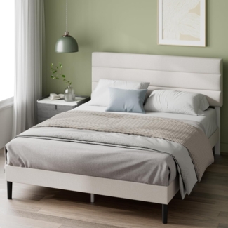 Zinus Piper Upholstered Platform Bed, 160x200 cm, horizontal, Paneled Headboard, Wooden Slat Support, Easy Assembly, Off White