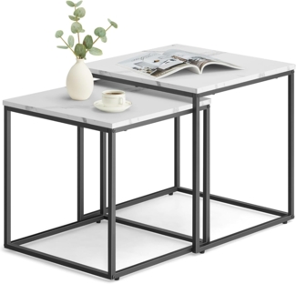 Home Collective Couchtisch 2er Set Beistelltisch Loft Design 2in1 Verschachtelung Wohnzimmer, kratzfeste Oberfläche 50&45cm Marmor Optik, schwarz Beinen quadratisch