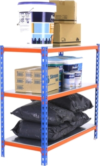 Simon Rack Schwerlastregal, 900 x 1200 x 300 mm, Bis 200 kg Belastbar, 3 Verstellbare Ablagen, Kellerregal, Lagerregal, Blau/Orange/Verzinkt - Simonclick
